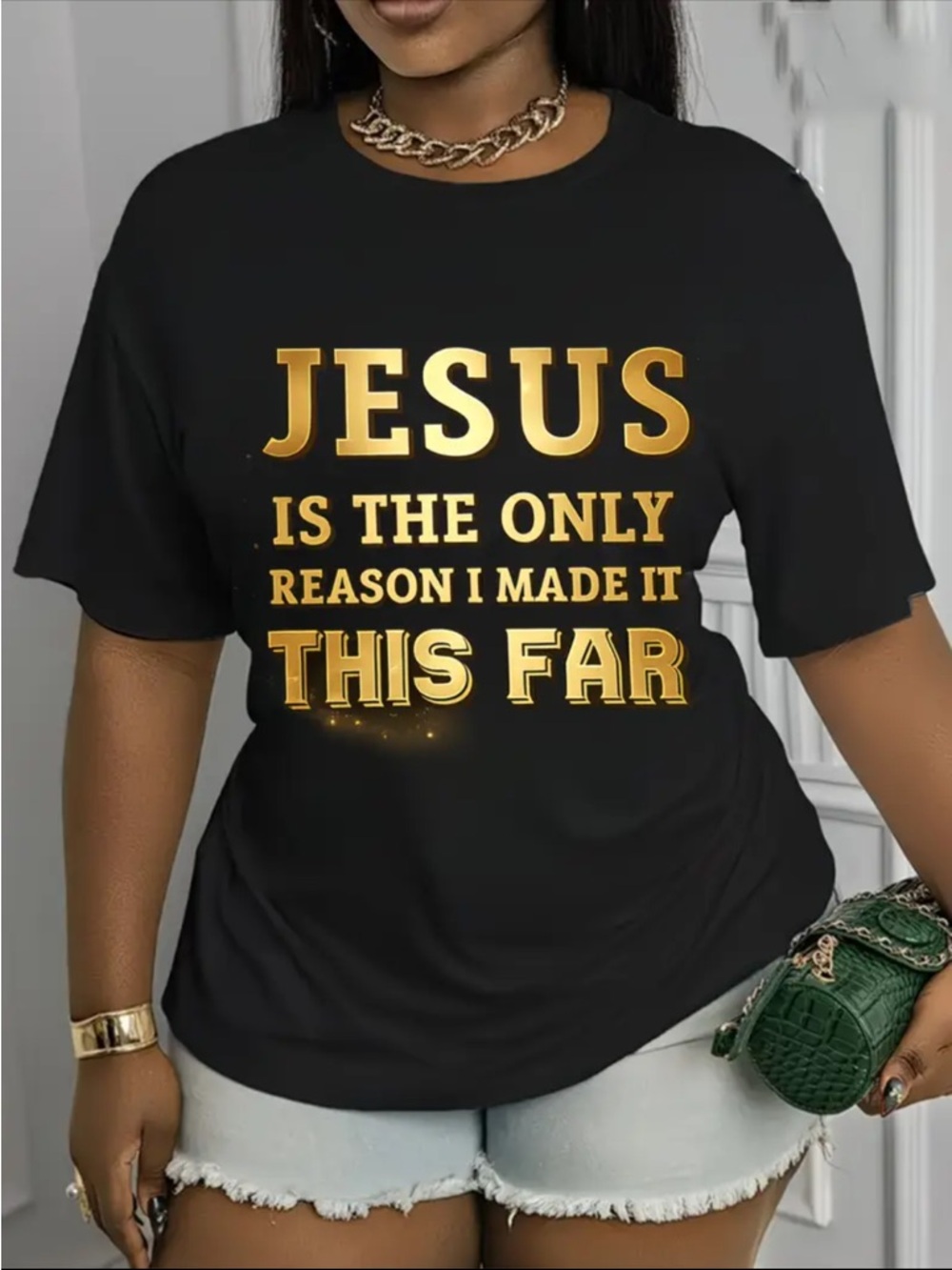 Women’s Black Jesus Graphic Tee with Gold Foil Text